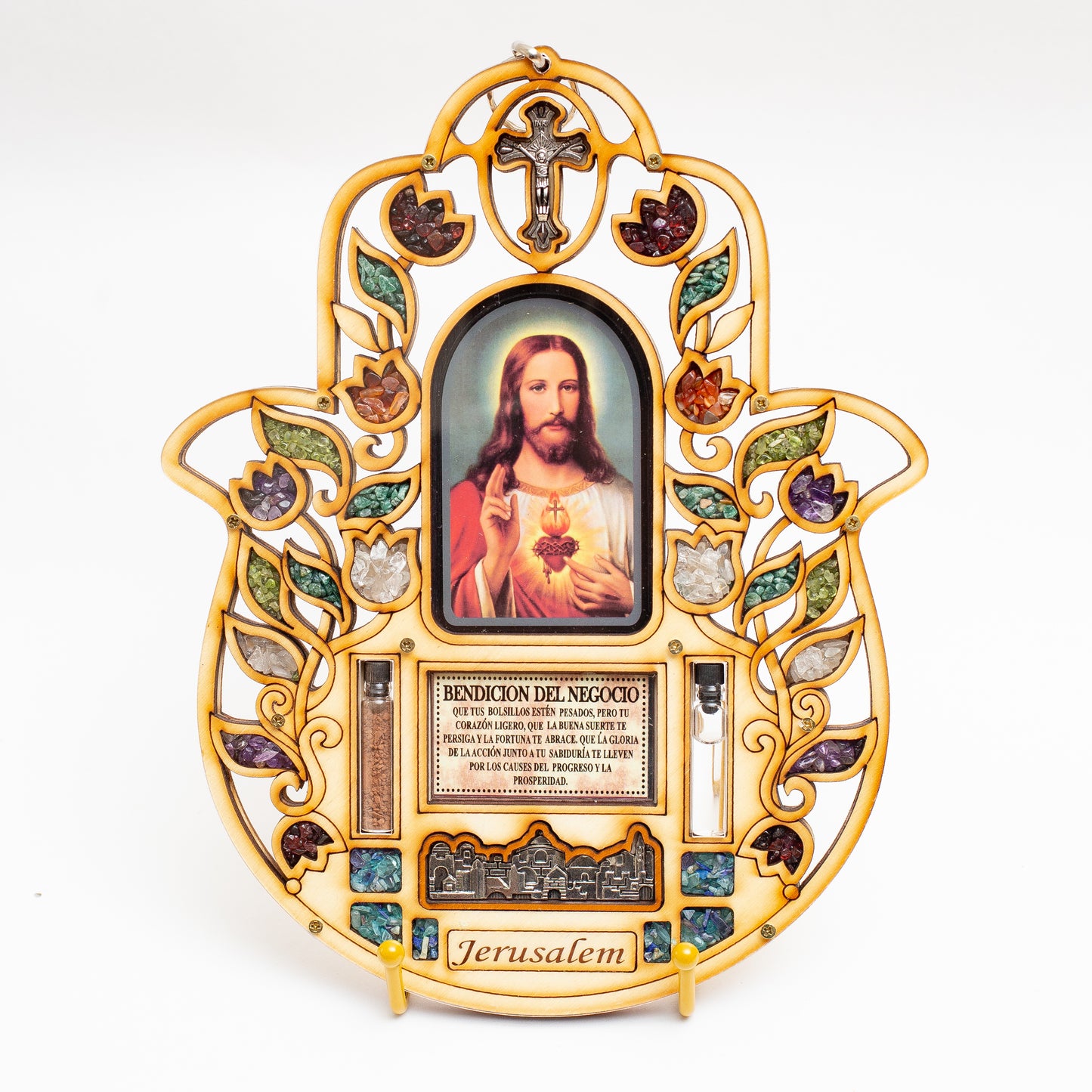 Hamsa catolica con bendicion del hogar y imagen del sagrado corazon de Jesus