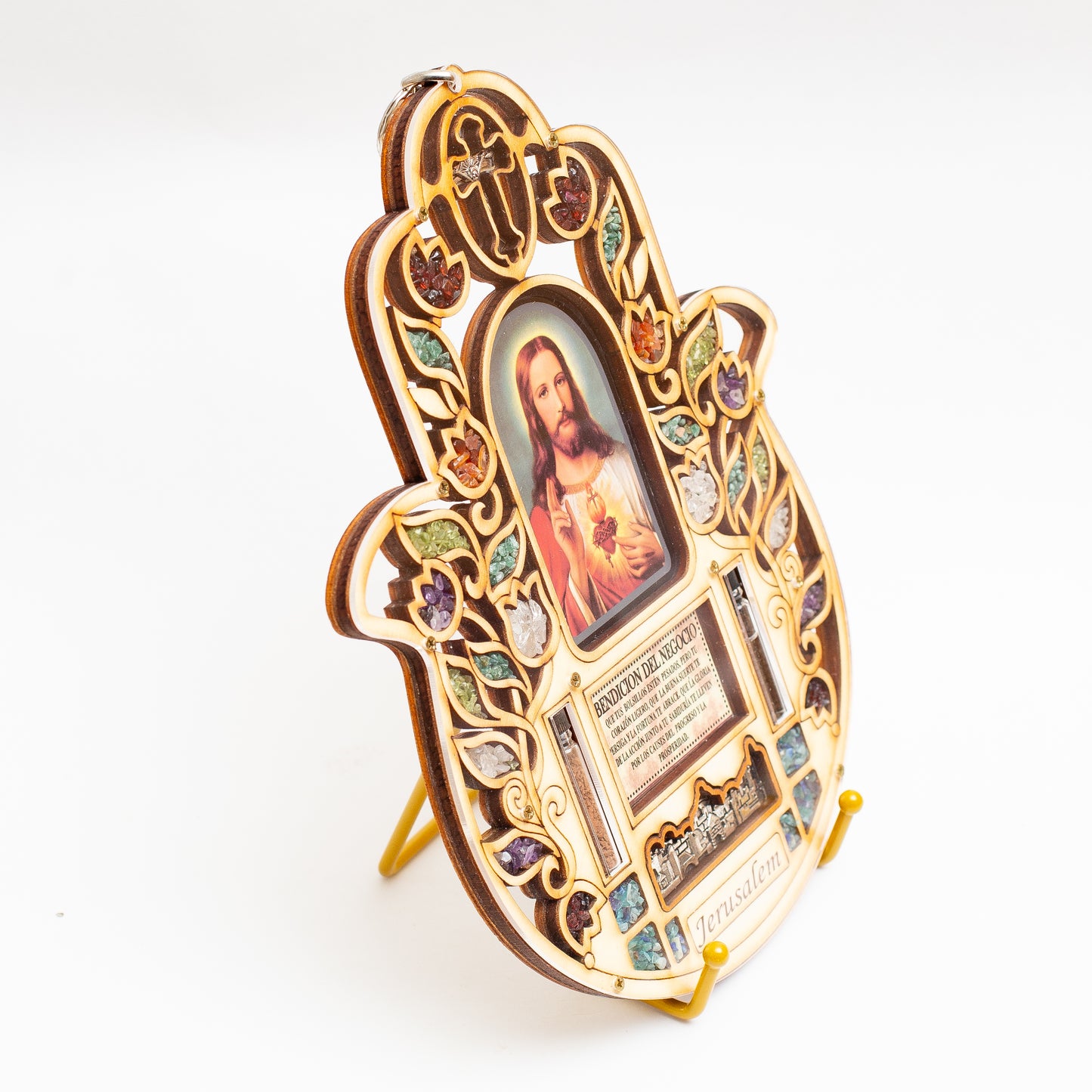 Hamsa catolica con bendicion del hogar y imagen del sagrado corazon de Jesus